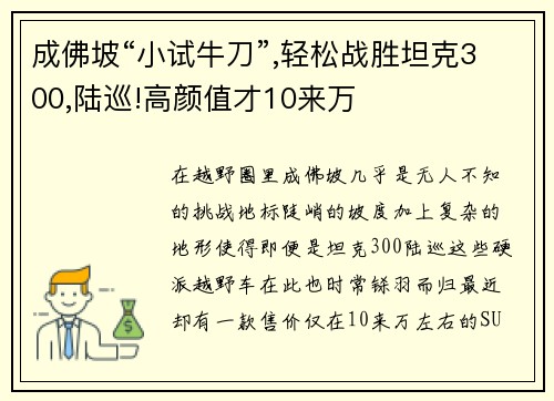 成佛坡“小试牛刀”,轻松战胜坦克300,陆巡!高颜值才10来万