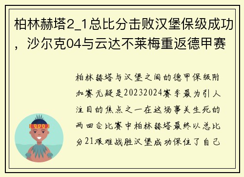 柏林赫塔2_1总比分击败汉堡保级成功，沙尔克04与云达不莱梅重返德甲赛场